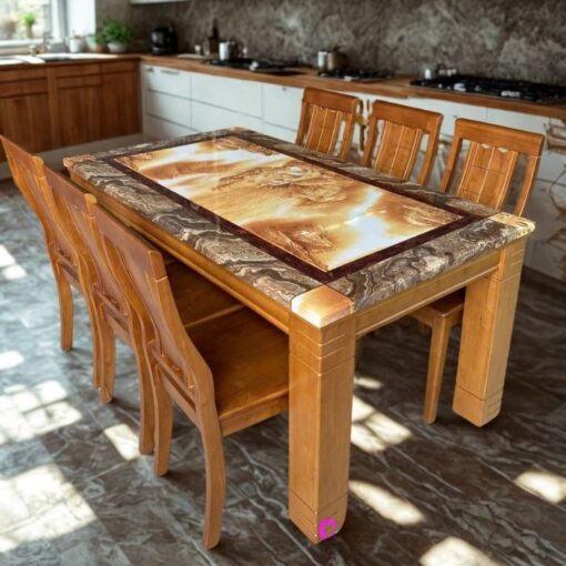 Bàn Ăn Gỗ 6 Ghế Mặt Đá PH-BA014 Phù Hợp Chung Cư, Biệt Thự