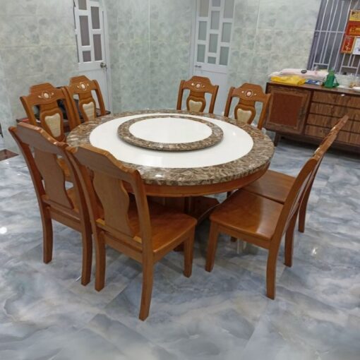 Bàn Ăn Gỗ Cao Su PH-BAT006 Mặt Đá Tròn Có Mâm Xoay Tiện Lợi