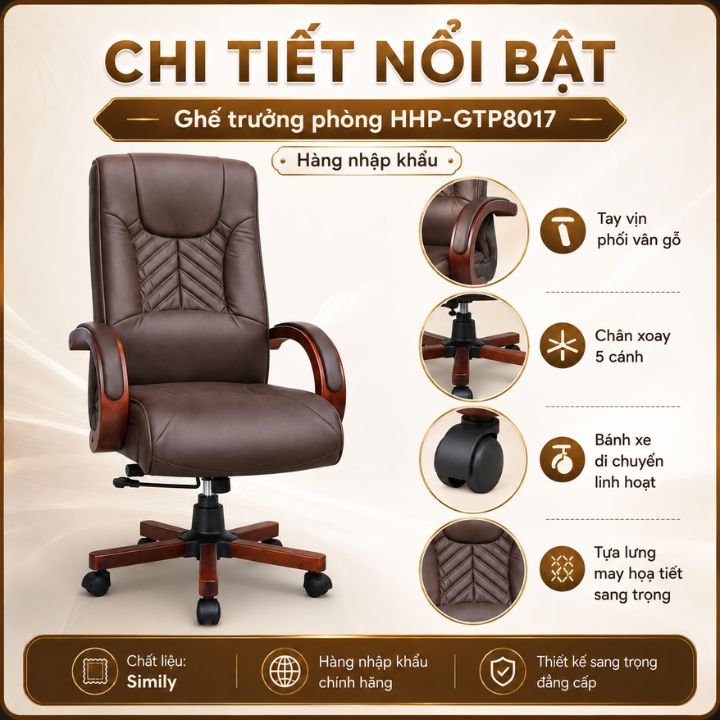 Ghế Trưởng Phòng HHP-GTP8017 Simily Nhập Khẩu, Tăng Giảm Chiều Cao, Gật Gù, 2 Màu Đen Nâu Ghế Trưởng Phòng HHP-GTP8017 Simily Nhập Khẩu, Tăng Giảm Chiều Cao, Gật Gù, 2 Màu Đen Nâu - Hình ảnh 4
