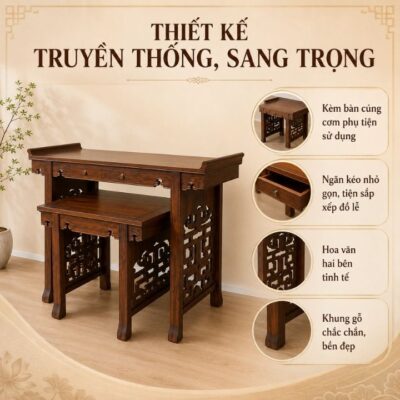 Bộ Bàn Thờ Đại Kèm Bàn Cúng Cơm HH-B19 Cho Gian Thờ Thêm Chỉn Chu Bộ Bàn Thờ Đại Kèm Bàn Cúng Cơm HH-B19 Cho Gian Thờ Thêm Chỉn Chu