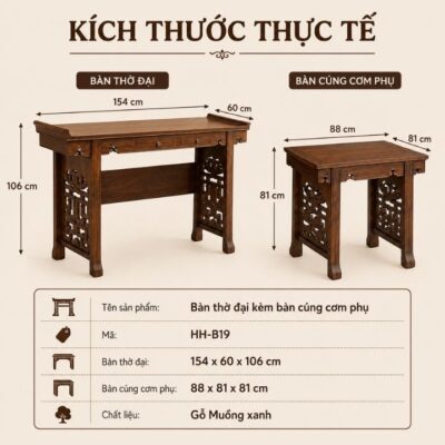 Bộ Bàn Thờ Đại Kèm Bàn Cúng Cơm HH-B19 Cho Gian Thờ Thêm Chỉn Chu Bộ Bàn Thờ Đại Kèm Bàn Cúng Cơm HH-B19 Cho Gian Thờ Thêm Chỉn Chu