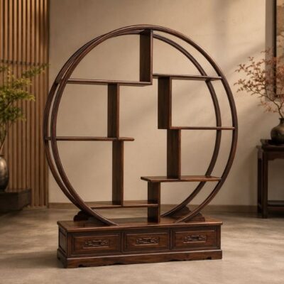 Kệ Vách Nguyệt Tròn Gỗ Muồng Xanh HH-K13 – Điểm Nhấn Nghệ Thuật Cho Không Gian Sang Trọng