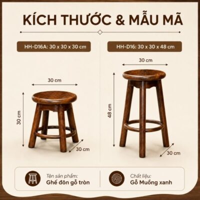 Ghế Đôn Tròn Gỗ Muồng Xanh HH-D16 – Nhỏ Gọn, Chắc Chắn, Dễ Dùng Ghế Đôn Tròn Gỗ Muồng Xanh HH-D16 – Nhỏ Gọn, Chắc Chắn, Dễ Dùng