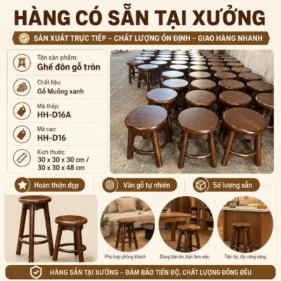 Ghế Đôn Tròn Gỗ Muồng Xanh HH-D16 – Nhỏ Gọn, Chắc Chắn, Dễ Dùng Ghế Đôn Tròn Gỗ Muồng Xanh HH-D16 – Nhỏ Gọn, Chắc Chắn, Dễ Dùng