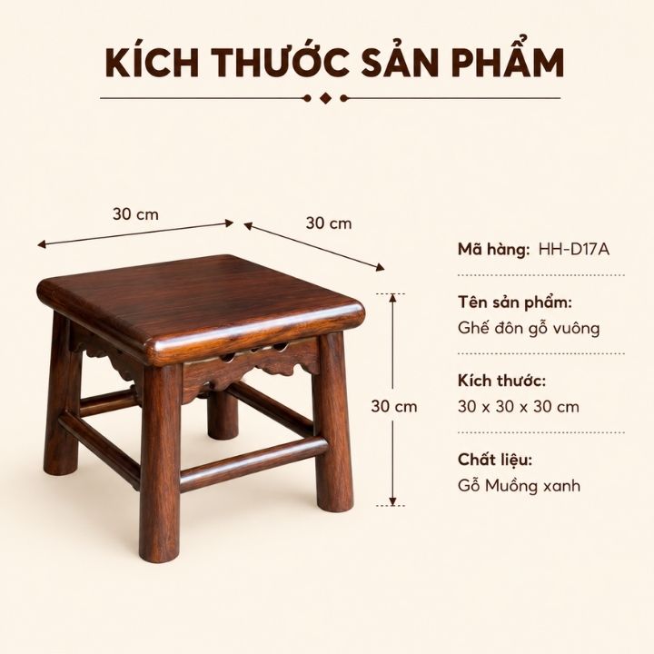 Ghế Đôn Vuông Gỗ Muồng Xanh HH-D17A Nhỏ Gọn, Chắc Chắn Ghế Đôn Vuông Gỗ Muồng Xanh HH-D17A Nhỏ Gọn, Chắc Chắn - Ảnh 2
