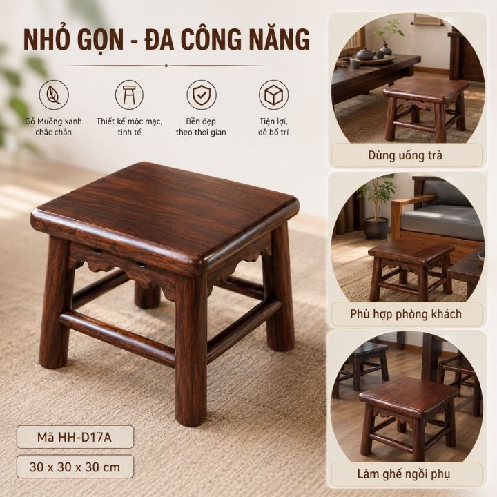 Ghế Đôn Vuông Gỗ Muồng Xanh HH-D17A Nhỏ Gọn, Chắc Chắn Ghế Đôn Vuông Gỗ Muồng Xanh HH-D17A Nhỏ Gọn, Chắc Chắn - Ảnh 4
