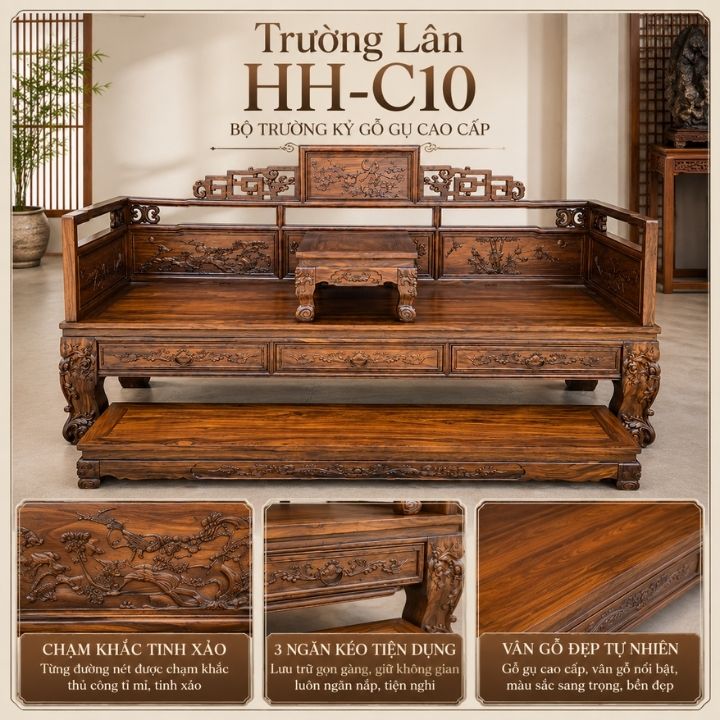 Bộ Trường Kỷ Trường Lân Gỗ Muồng Xanh HH-C10 – Dấu Ấn Nội Thất Á Đông Sang Trọng Bộ Trường Kỷ Trường Lân Gỗ Muồng Xanh HH-C10 – Dấu Ấn Nội Thất Á Đông Sang Trọng - Ảnh 5