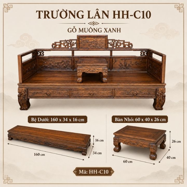 Bộ Trường Kỷ Trường Lân Gỗ Muồng Xanh HH-C10 – Dấu Ấn Nội Thất Á Đông Sang Trọng Bộ Trường Kỷ Trường Lân Gỗ Muồng Xanh HH-C10 – Dấu Ấn Nội Thất Á Đông Sang Trọng - Ảnh 3