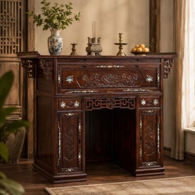 Bàn Thờ Gỗ Muồng Xanh HH-BT28 Tinh Hoa Hoa Sen Cho Gian Thờ Trang Nghiêm