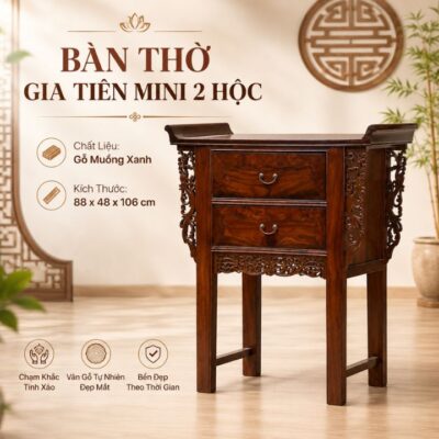 Bàn Thờ Gia Tiên Mini 2 Hộc Gỗ Muồng Xanh 88x48x106 Cm Chạm Khắc Tinh Xảo Bàn Thờ Gia Tiên Mini 2 Hộc Gỗ Muồng Xanh 88x48x106 Cm Chạm Khắc Tinh Xảo