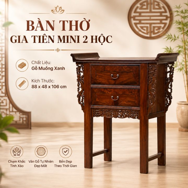 Bàn Thờ Gia Tiên Mini 2 Hộc Gỗ Muồng Xanh 88x48x106 Cm Chạm Khắc Tinh Xảo Bàn Thờ Gia Tiên Mini 2 Hộc Gỗ Muồng Xanh 88x48x106 Cm Chạm Khắc Tinh Xảo - Ảnh 7