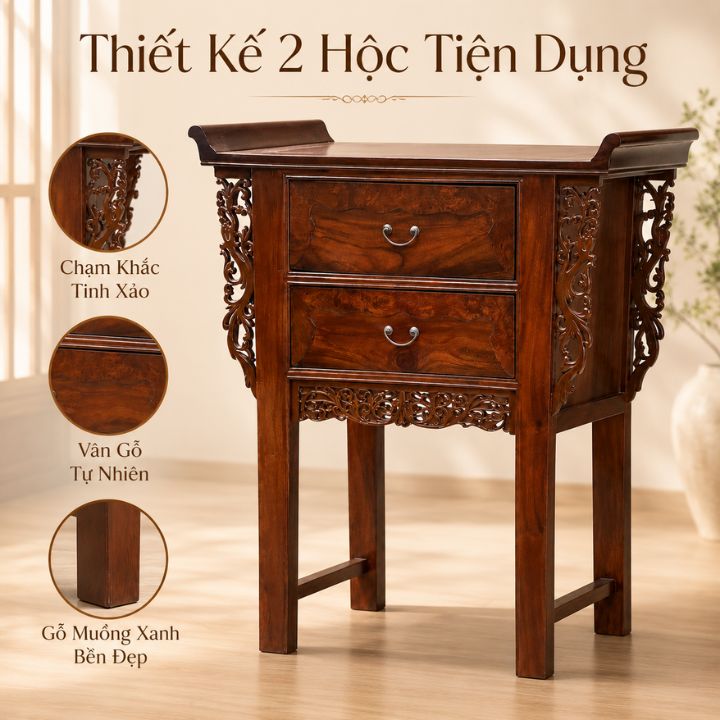 Bàn Thờ Gia Tiên Mini 2 Hộc Gỗ Muồng Xanh 88x48x106 Cm Chạm Khắc Tinh Xảo Bàn Thờ Gia Tiên Mini 2 Hộc Gỗ Muồng Xanh 88x48x106 Cm Chạm Khắc Tinh Xảo - Ảnh 6