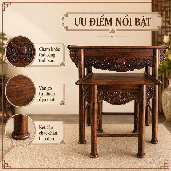 Bàn Thờ Nhị Cấp HH-B1 Gỗ Muồng Xanh Chạm Khắc Tinh Xảo, Trang Nghiêm Cho Không Gian Thờ Bàn Thờ Nhị Cấp HH-B1 Gỗ Muồng Xanh Chạm Khắc Tinh Xảo, Trang Nghiêm Cho Không Gian Thờ - Ảnh 6