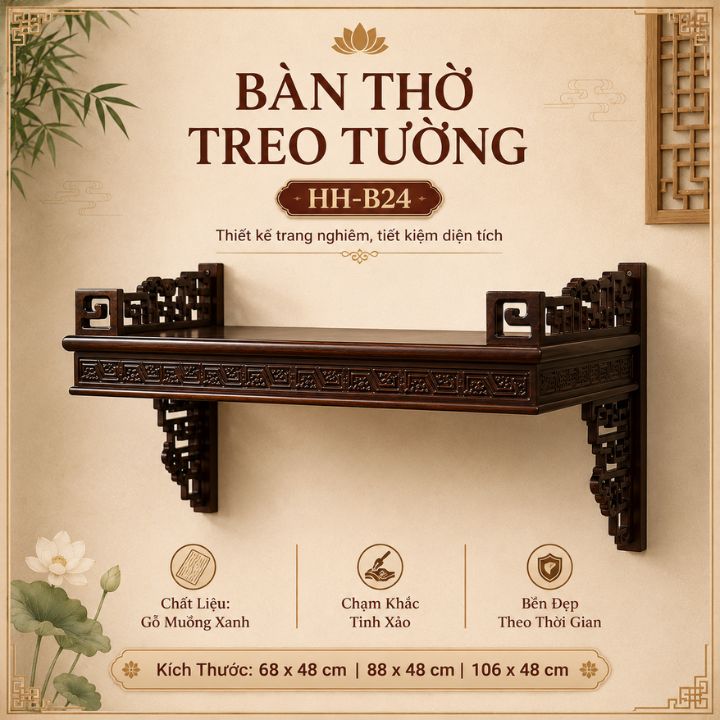 Bàn Thờ Treo Tường HH-B24 Gỗ Muồng Xanh – Gọn Gàng, Trang Nghiêm Cho Không Gian Thờ Việt Bàn Thờ Treo Tường HH-B24 Gỗ Muồng Xanh – Gọn Gàng, Trang Nghiêm Cho Không Gian Thờ Việt - Ảnh 6