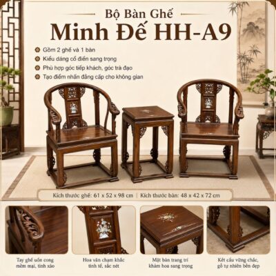 Bộ Bàn Ghế Gỗ Minh Đế HH-A9 Nhỏ Gọn, Sang Trọng, Phù Hợp Góc Trà Và Phòng Khách Bộ Bàn Ghế Gỗ Minh Đế HH-A9 Nhỏ Gọn, Sang Trọng, Phù Hợp Góc Trà Và Phòng Khách