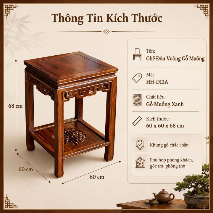 Ghế Đôn Vuông Gỗ Muồng Xanh HH-D12A – Nét Thanh Lịch Trong Không Gian Á Đông Ghế Đôn Vuông Gỗ Muồng Xanh HH-D12A – Nét Thanh Lịch Trong Không Gian Á Đông - Ảnh 6