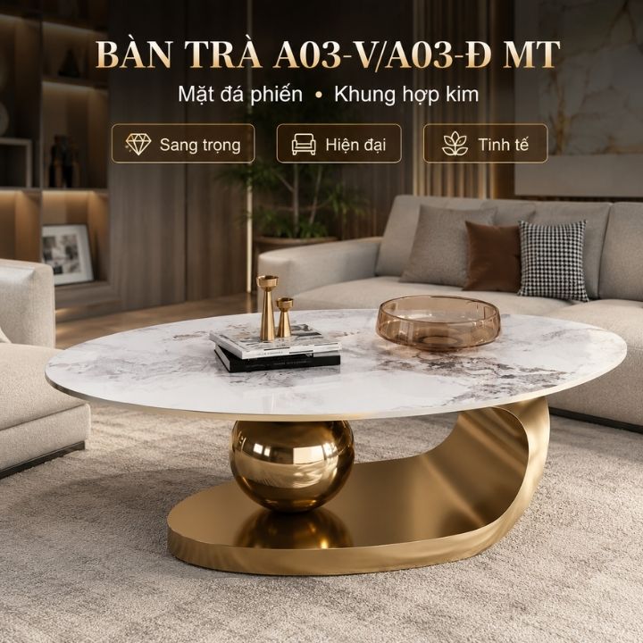 Bàn Trà Mặt Đá Phiến PH-A03-Vàng Khung Kim Loại Cao Cấp Bàn Trà Mặt Đá Phiến PH-A03-Vàng Khung Kim Loại Cao Cấp - Ảnh 2