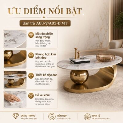 Bàn Trà Mặt Đá Phiến PH-A03-Vàng Khung Kim Loại Cao Cấp Bàn Trà Mặt Đá Phiến PH-A03-Vàng Khung Kim Loại Cao Cấp