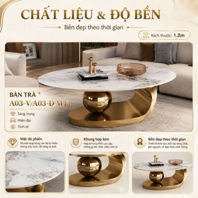 Bàn Trà Mặt Đá Phiến PH-A03-Vàng Khung Kim Loại Cao Cấp Bàn Trà Mặt Đá Phiến PH-A03-Vàng Khung Kim Loại Cao Cấp
