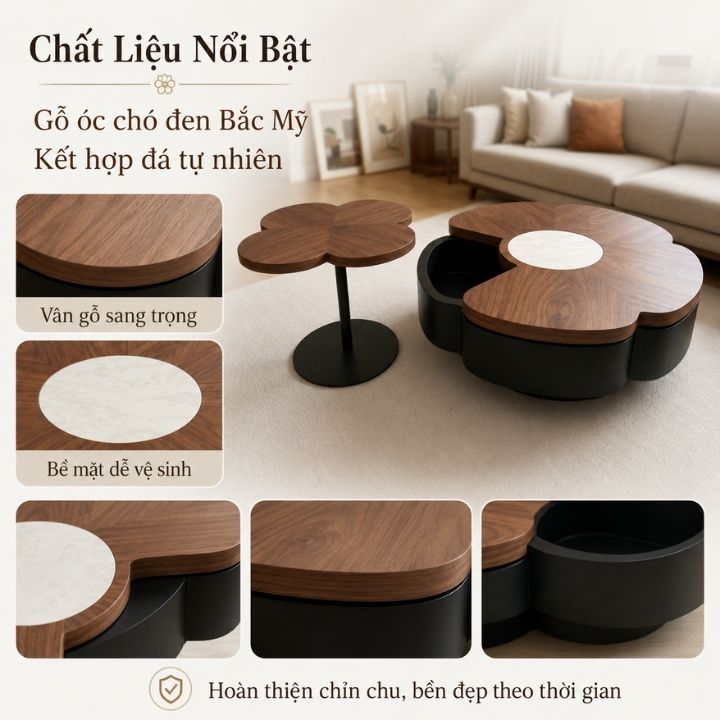 Bàn Trà Sofa 2 Món A389 Gỗ Óc Chó Đen Bắc Mỹ Phối Đá Tự Nhiên Bàn Trà Sofa 2 Món A389 Gỗ Óc Chó Đen Bắc Mỹ Phối Đá Tự Nhiên - Ảnh 4
