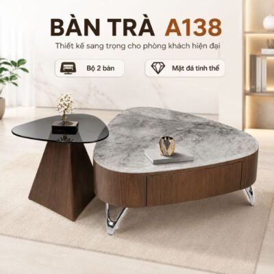 Bộ Bàn Trà Đôi A138 Mặt Đá Tinh Thể Khung Gỗ Sơn PU Cao Cấp Bộ Bàn Trà Đôi A138 Mặt Đá Tinh Thể Khung Gỗ Sơn PU Cao Cấp