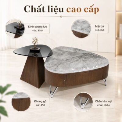 Bộ Bàn Trà Đôi A138 Mặt Đá Tinh Thể Khung Gỗ Sơn PU Cao Cấp Bộ Bàn Trà Đôi A138 Mặt Đá Tinh Thể Khung Gỗ Sơn PU Cao Cấp