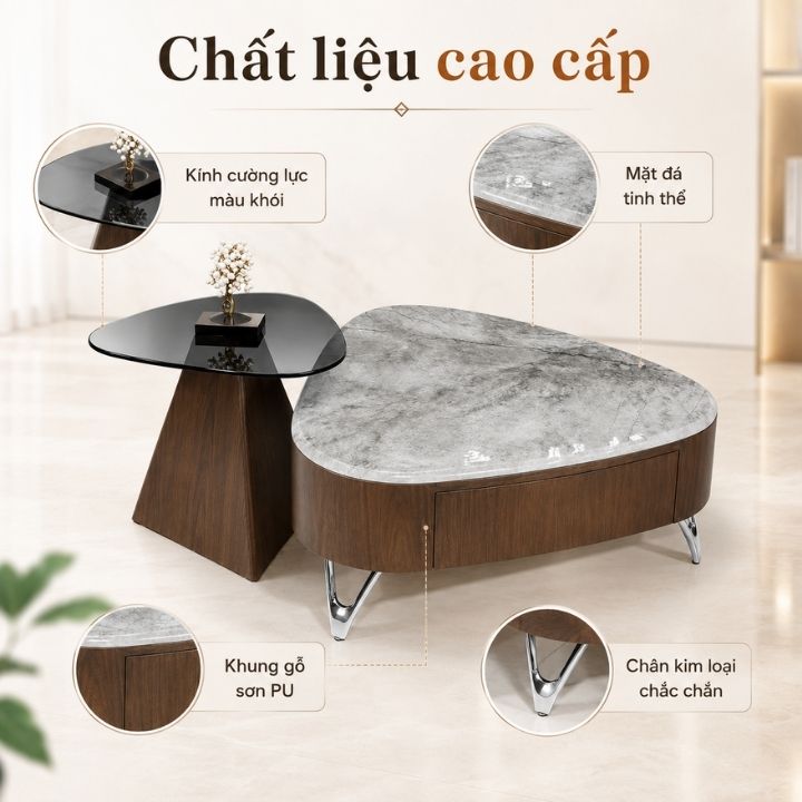 Bộ Bàn Trà Đôi A138 Mặt Đá Tinh Thể Khung Gỗ Sơn PU Cao Cấp Bộ Bàn Trà Đôi A138 Mặt Đá Tinh Thể Khung Gỗ Sơn PU Cao Cấp - Ảnh 4