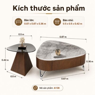 Bộ Bàn Trà Đôi A138 Mặt Đá Tinh Thể Khung Gỗ Sơn PU Cao Cấp Bộ Bàn Trà Đôi A138 Mặt Đá Tinh Thể Khung Gỗ Sơn PU Cao Cấp