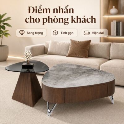 Bộ Bàn Trà Đôi A138 Mặt Đá Tinh Thể Khung Gỗ Sơn PU Cao Cấp Bộ Bàn Trà Đôi A138 Mặt Đá Tinh Thể Khung Gỗ Sơn PU Cao Cấp