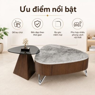 Bộ Bàn Trà Đôi A138 Mặt Đá Tinh Thể Khung Gỗ Sơn PU Cao Cấp Bộ Bàn Trà Đôi A138 Mặt Đá Tinh Thể Khung Gỗ Sơn PU Cao Cấp