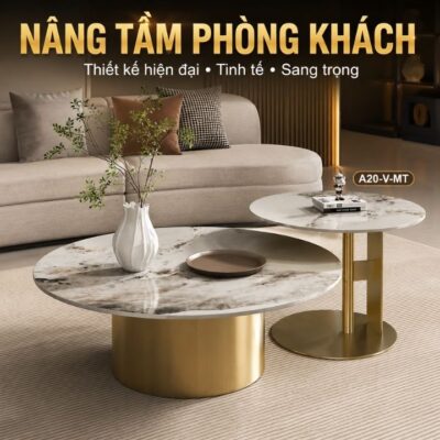 Bộ Bàn Trà Đôi Tròn A20-V-MT Mặt Đá Phiến Khung Inox Mạ Vàng Bộ Bàn Trà Đôi Tròn A20-V-MT Mặt Đá Phiến Khung Inox Mạ Vàng