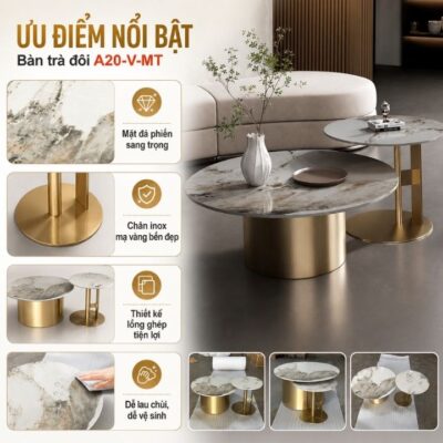 Bộ Bàn Trà Đôi Tròn A20-V-MT Mặt Đá Phiến Khung Inox Mạ Vàng Bộ Bàn Trà Đôi Tròn A20-V-MT Mặt Đá Phiến Khung Inox Mạ Vàng