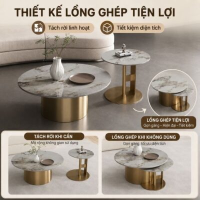 Bộ Bàn Trà Đôi Tròn A20-V-MT Mặt Đá Phiến Khung Inox Mạ Vàng Bộ Bàn Trà Đôi Tròn A20-V-MT Mặt Đá Phiến Khung Inox Mạ Vàng