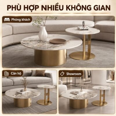 Bộ Bàn Trà Đôi Tròn A20-V-MT Mặt Đá Phiến Khung Inox Mạ Vàng Bộ Bàn Trà Đôi Tròn A20-V-MT Mặt Đá Phiến Khung Inox Mạ Vàng