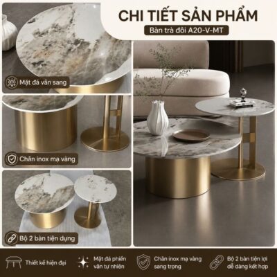 Bộ Bàn Trà Đôi Tròn A20-V-MT Mặt Đá Phiến Khung Inox Mạ Vàng Bộ Bàn Trà Đôi Tròn A20-V-MT Mặt Đá Phiến Khung Inox Mạ Vàng