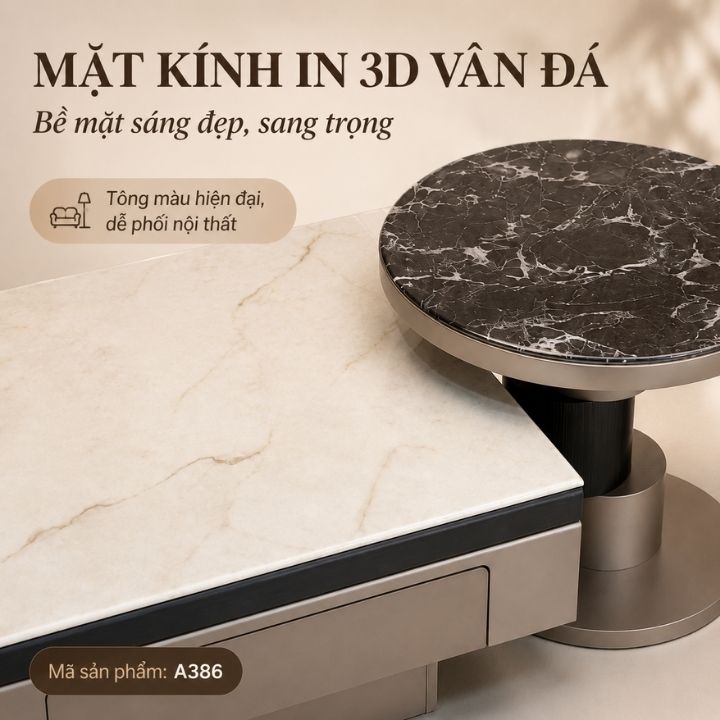 Cặp Bàn Trà Mặt Kính In 3D Vân Đá A386 Cao Cấp Cặp Bàn Trà Mặt Kính In 3D Vân Đá A386 Cao Cấp - Ảnh 3